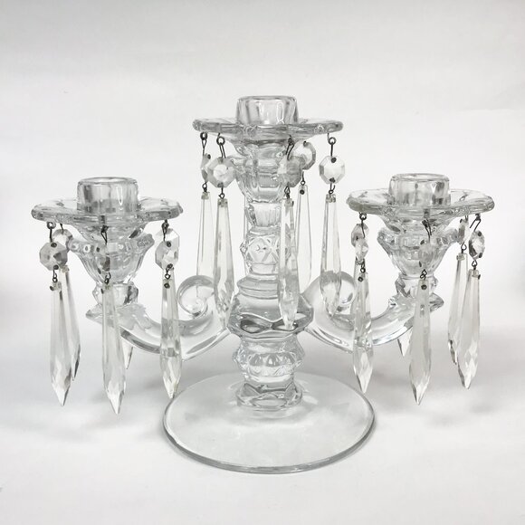 Duncan Miller Vintage Sandwich Candelabra with Removable Hanging Prisms - Picture 1 of 10